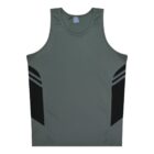 A grey athletic tank top with black and grey diagonal stripe accents on the sides, laid out flat against a white background.