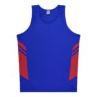 Blue athletic sleeveless shirt with red side panels and horizontal blue stripes on each side. The shirt has a plain design with a label visible at the back collar, set against a white background.