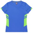 Blue athletic shirt with short sleeves and a V-neck, featuring bright green panels on the sides and two horizontal blue stripes on the green panels.