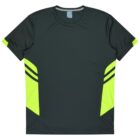A dark green sports t-shirt with neon yellow accents on the sides and two black horizontal stripes on each side. The shirt has a round neckline and short sleeves.