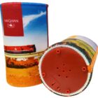 Two colorful drink holders with images of a red train, The Ghan, traveling through a scenic landscape. The base of one holder is visible, showing a red plastic bottom with small holes and a switch.