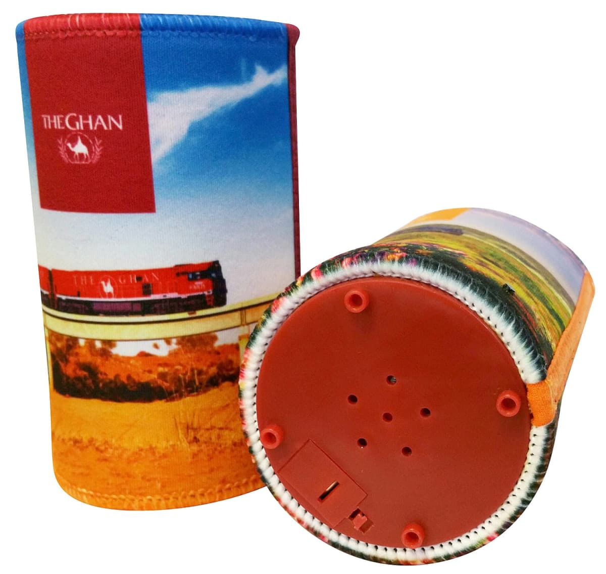 Two colorful drink holders with images of a red train, The Ghan, traveling through a scenic landscape. The base of one holder is visible, showing a red plastic bottom with small holes and a switch.