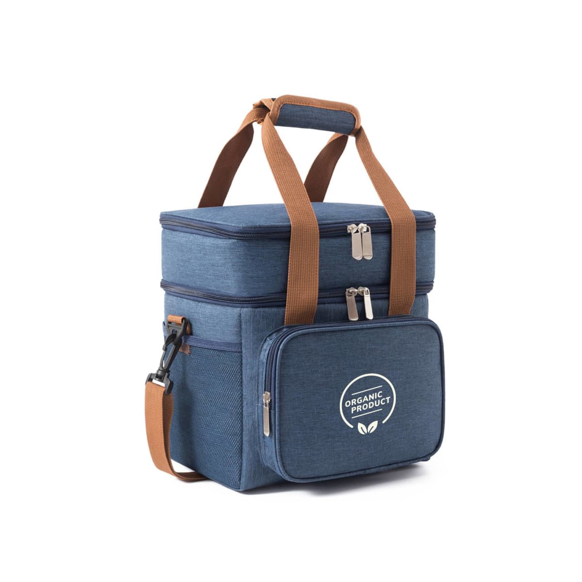 A blue insulated cooler bag with brown straps. It has two zippered compartments and a front pocket labeled Organic Product. The design is sleek and portable, suitable for carrying food and drinks.