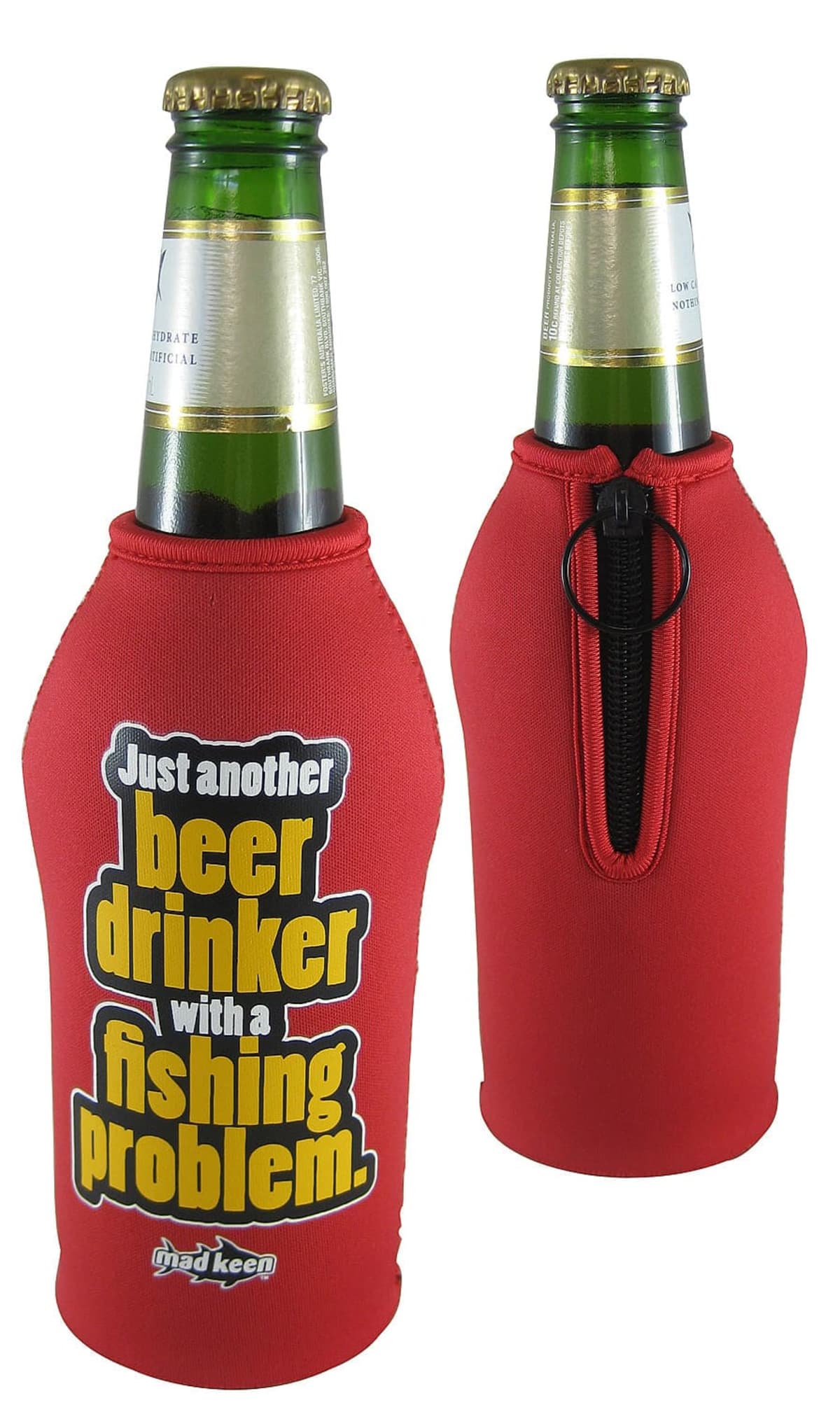 Two beer bottles are covered with red neoprene koozies. The koozies have a humorous message that reads, Just another beer drinker with a fishing problem. One koozie is zipped up the front.
