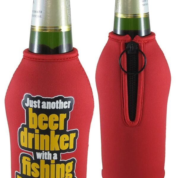 Two green glass beer bottles are covered with red insulated sleeves. The sleeves are adorned with a humorous yellow and white text that reads, Just another beer drinker with a fishing problem. One sleeve is zipped, and the other is open.