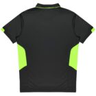 A short-sleeve sports shirt in black with bright green accents. The shirt features a collar and contrasting green panels on the sides and sleeve edges. The back view highlights the simple, athletic design.