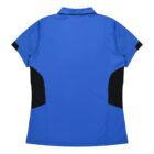 A blue short-sleeve polo shirt with black accents on the shoulders and sides, displayed lying flat with its back facing up. The shirt features a classic collar and a smooth fabric texture.