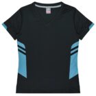 A black V-neck athletic T-shirt with light blue panels on the sides and two horizontal black stripes on the blue sections.
