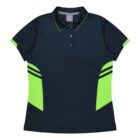 A navy blue polo shirt with bright green accents on the sides and sleeves. The shirt features a collar and three buttons at the neckline.