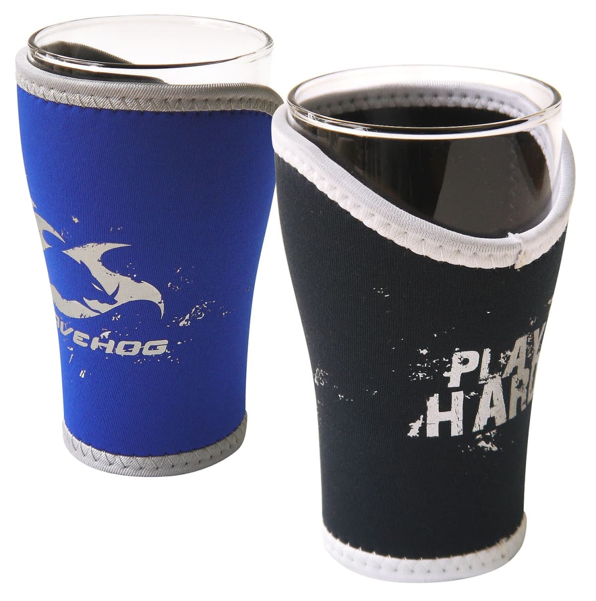 Two glass cups wrapped in differently colored neoprene sleeves. The left sleeve is blue with a white design, and the right sleeve is black with white lettering. The sleeves provide insulation and grip.