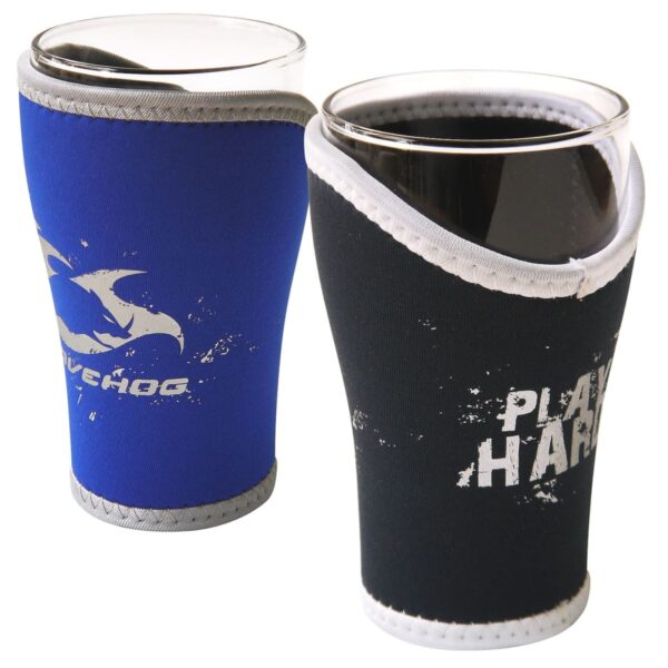Two pint glasses with protective sleeves. One sleeve is blue with a graphic of a shark and an unreadable logo, while the other is black with the words PLAY HARD in distressed white text.