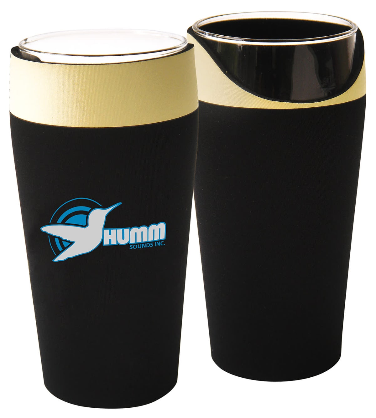 Two black and beige insulated travel mugs are shown. One has a lid and displays a logo with a hummingbird and the text HUMM SOUNDS INC. The other mug is open, revealing its interior.