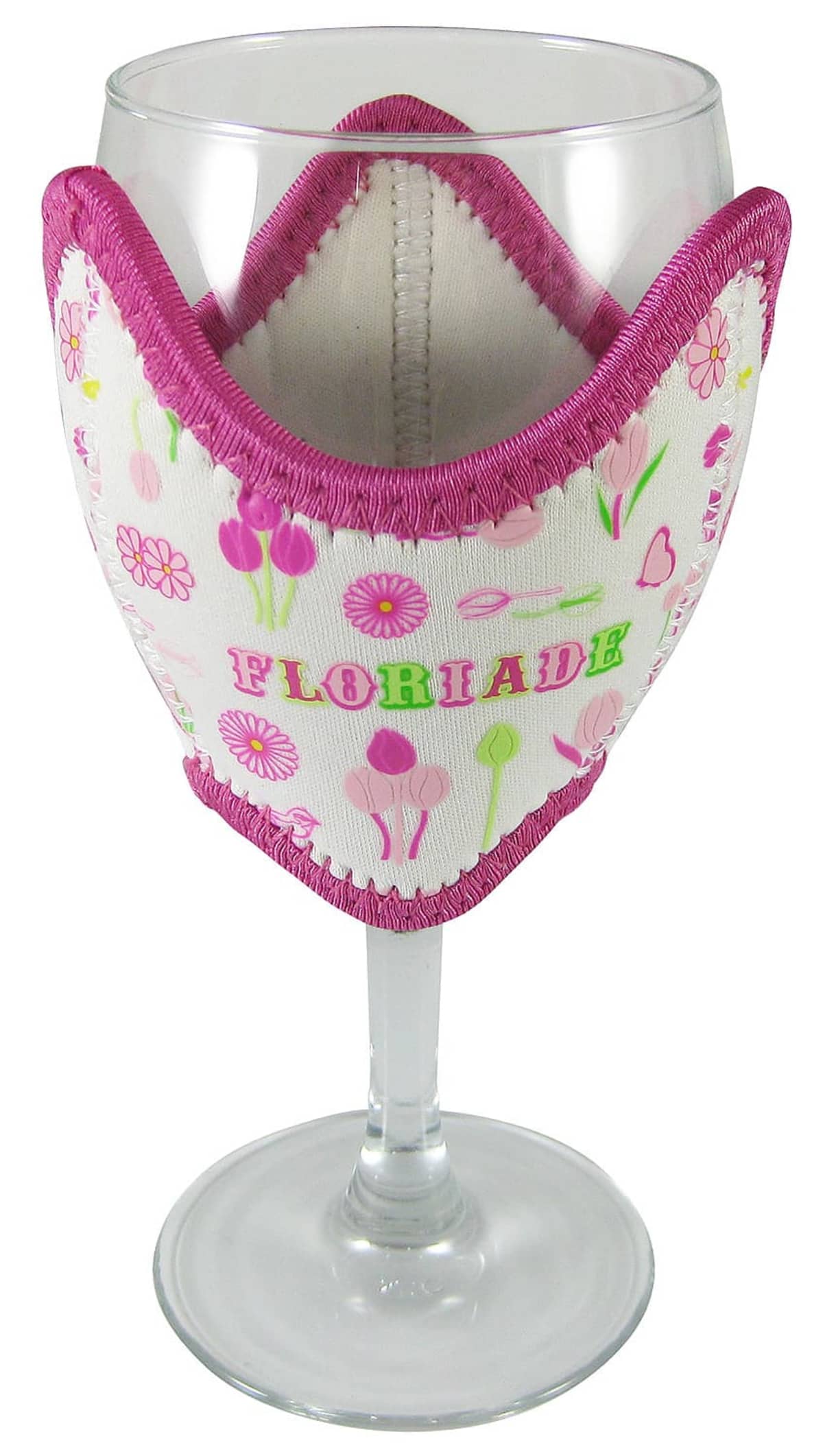 A wine glass with a pink floral neoprene cooler wrapped around it. The cooler features illustrations of flowers, tulips, and the word FLORIDA in colorful letters.