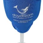 A wine glass with a blue neoprene cover featuring a dolphin design and the text daydream island resort and spa, Great Barrier Reef, Australia.