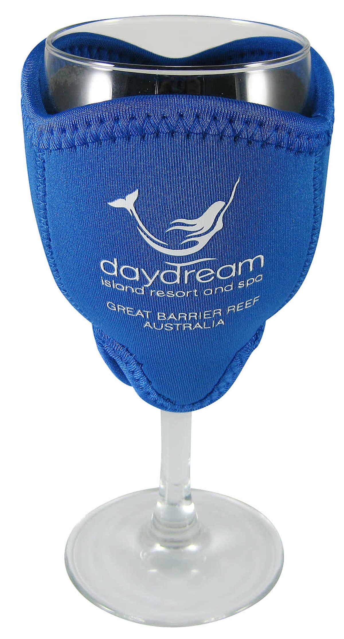 A wine glass with a blue neoprene cover featuring a dolphin design and the text daydream island resort and spa, Great Barrier Reef, Australia.