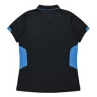 A black short-sleeve polo shirt with blue accents on the sides and sleeve edges, viewed from the back. The shirt has a collar and a simple, sporty design.