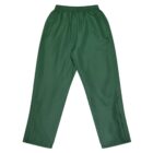 Green track pants with an elastic waistband and straight legs, displayed against a white background.