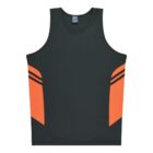 A sleeveless athletic tank top with a dark green base and bright orange panels on the sides. Thin black stripes accentuate the orange sections. The tank appears to be made of a lightweight, breathable material.