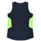 A sleeveless athletic tank top with a black back panel and neon green side panels. The top is laid flat on a plain white background.