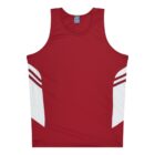 Red sleeveless sports jersey with white diagonal stripes on the sides, displayed on a plain white background.