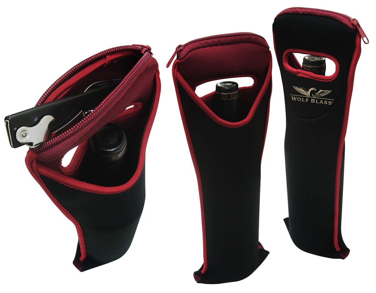 Three black and red wine bottle carriers with zippers. One is open, revealing a wine opener. All carriers have a handle on top and Wolf Blass branding on the front.