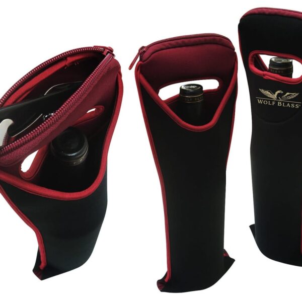 Three black and maroon wine bottle carriers with handles are shown, one unzipped displaying a corkscrew. A logo with an eagle and the text Wolf Blass is visible on one carrier.