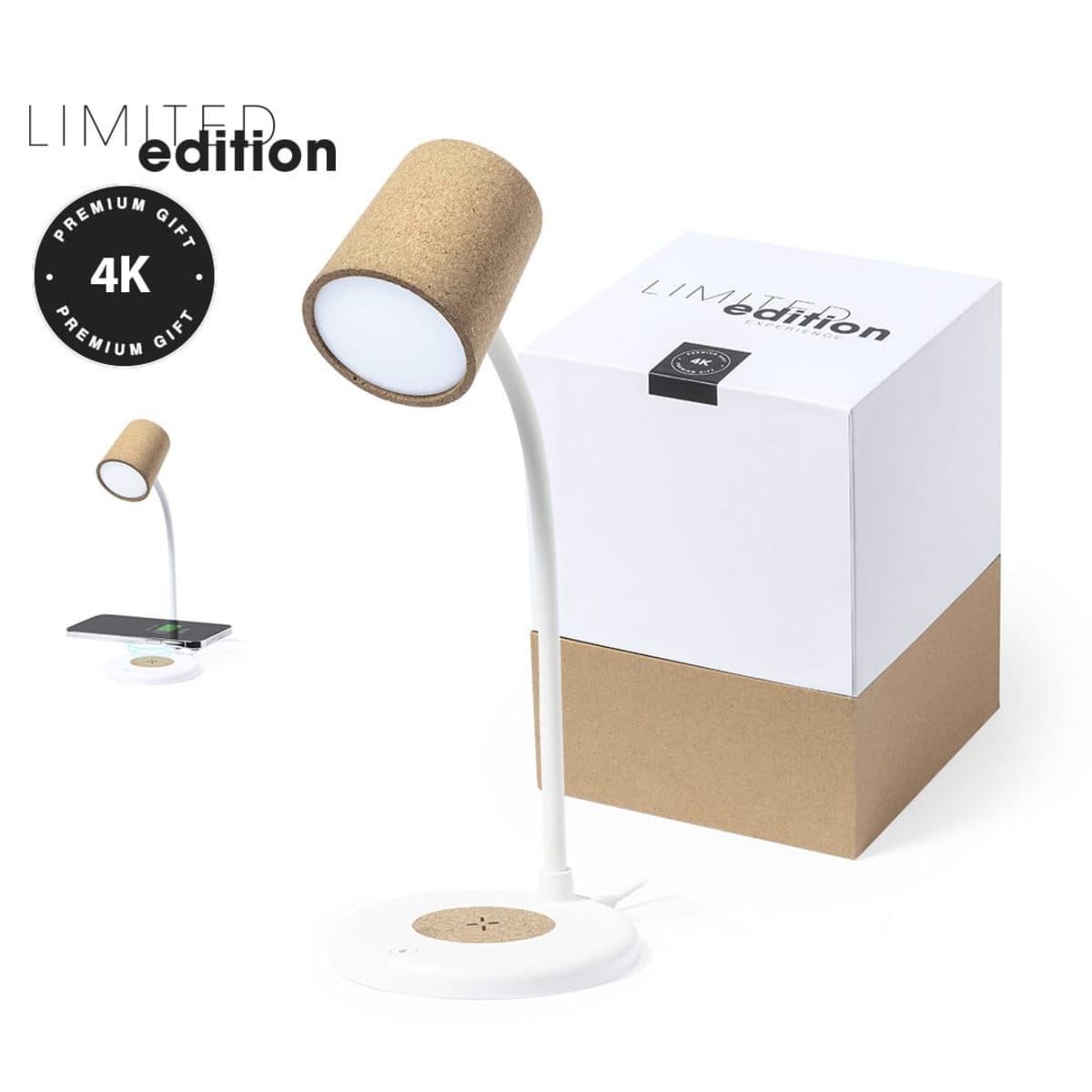 A sleek, modern desk lamp with a cork shade and white base that features a wireless charging pad. The lamp is displayed beside a matching white and cork box labeled Limited Edition and Premium Gift 4K.