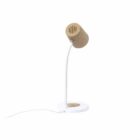 A modern table lamp with a cylindrical beige shade and a flexible white neck, mounted on a round white base. The lamp features a cord extending from the base for power connection.