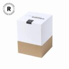 A cube-shaped box with a white top half and a brown bottom half. It has the text Livepro edition in elegant font on the top. A small black label is also visible. The Registered Packaging symbol is in the top left corner.