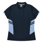 A black polo shirt with short sleeves, featuring light blue accents on the sides and sleeve cuffs, and a three-button placket. The shirt has a sleek, modern design suitable for casual or sportswear.