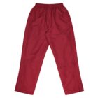 A pair of red track pants is displayed against a white background. The pants have an elastic waistband and straight legs, with a zippered pocket on one side. The fabric appears smooth and lightweight.