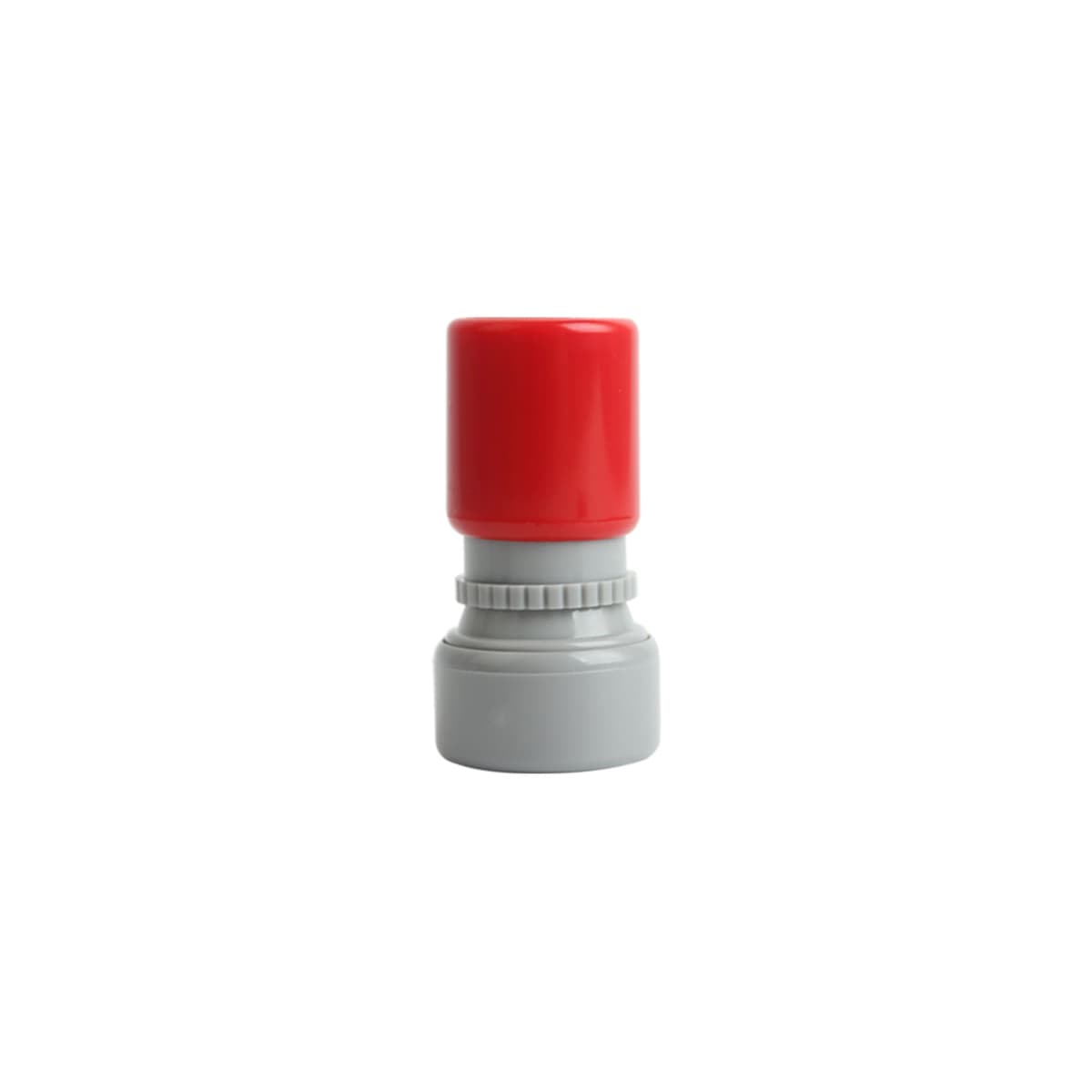 A small, plastic ink stamp with a gray base and a bright red cap, standing upright against a plain white background.