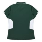 A short-sleeved, dark green polo shirt with white accents on the sides and white trim on the collar, viewed from the back.