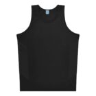 Black sleeveless tank top with a light blue tag inside the neckline, displayed against a white background. The garment features subtle side panel details for added style.