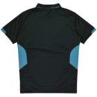 A dark green polo shirt with teal accents on the sleeves and sides, viewed from the back. The shirt features short sleeves and a simple design, with the collar slightly raised.