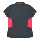 A dark gray short-sleeve polo shirt with red accents on the sides and sleeves, shown from the back.