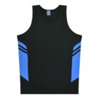 A black tank top with bright blue panels on the sides and thin black stripes across the blue areas. The neckline and armholes are standard, and theres a tag visible inside the collar.