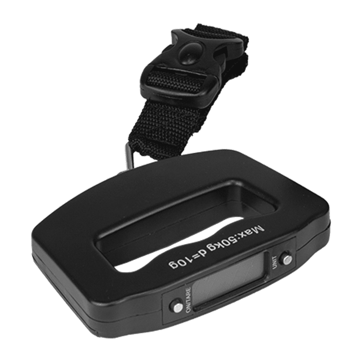 Digital luggage scale with a rectangular body and an LCD display. A strap with a buckle is attached for securing it to luggage handles. The device is black with a weight limit marked as Max: 50kg/110lb.