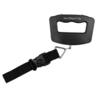 A digital luggage scale with a black strap and a buckle. The display area shows Max: 50kg d=10g. The handle is designed for easy gripping. The scale is attached to a metal hook for securing baggage.