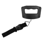 A digital luggage scale with a black handle and hook, attached to a sturdy black strap with a secure buckle clasp. The handle has an ergonomic design for easy grip.