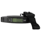 A digital luggage scale with a strap attached, displaying a reading of 0.00 kg on its screen. The scale is black, compact, and designed for weighing luggage.