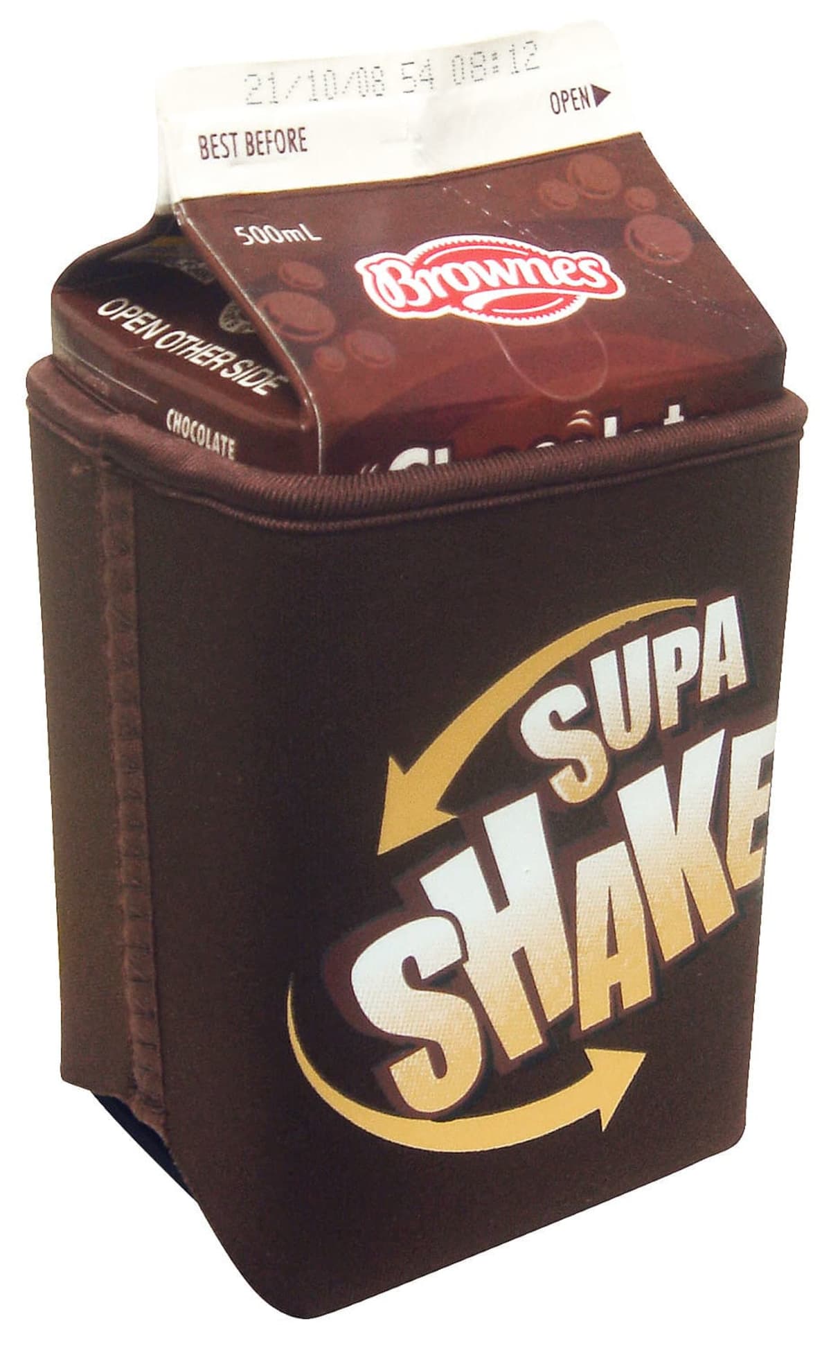 A carton labeled Brownes Supa Shake in chocolate flavor, wrapped in a brown insulated cover with the words Supa Shake and arrows on the side. The top displays a best before date.