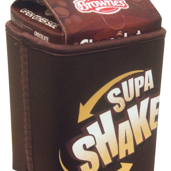 A carton of Brownies Supa Shake chocolate milk with a brown design and yellow text. The carton is in a protective brown sleeve with SUPA SHAKE printed in large letters.