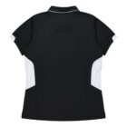 Back view of a black short-sleeve polo shirt with white side panels and a white stripe on the collar. The shirt is laid flat against a white background.