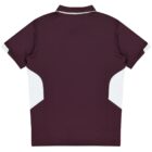A maroon short-sleeve polo shirt with a white collar and white panels on the sides. The shirt is laid flat, showing the back view.