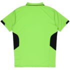 A bright green short-sleeve polo shirt with contrasting black panels on the sides and sleeves, shown from the back. It has a black-trimmed collar and clean lines, designed for a sporty or casual look.