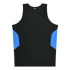 A black sleeveless tank top with blue side panels. The back view shows a simple, athletic design on a white background.