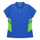 Blue polo shirt with a collar and three buttons, featuring bright green accents on the sleeves and sides.