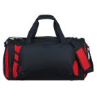 A black and red duffel bag with multiple compartments and a shoulder strap. The main compartment is zippered, and there are additional pockets on the sides. The strap has a padded section for comfort.