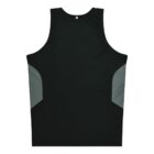 Black sleeveless athletic shirt with dark gray side panels, shown on a plain white background.